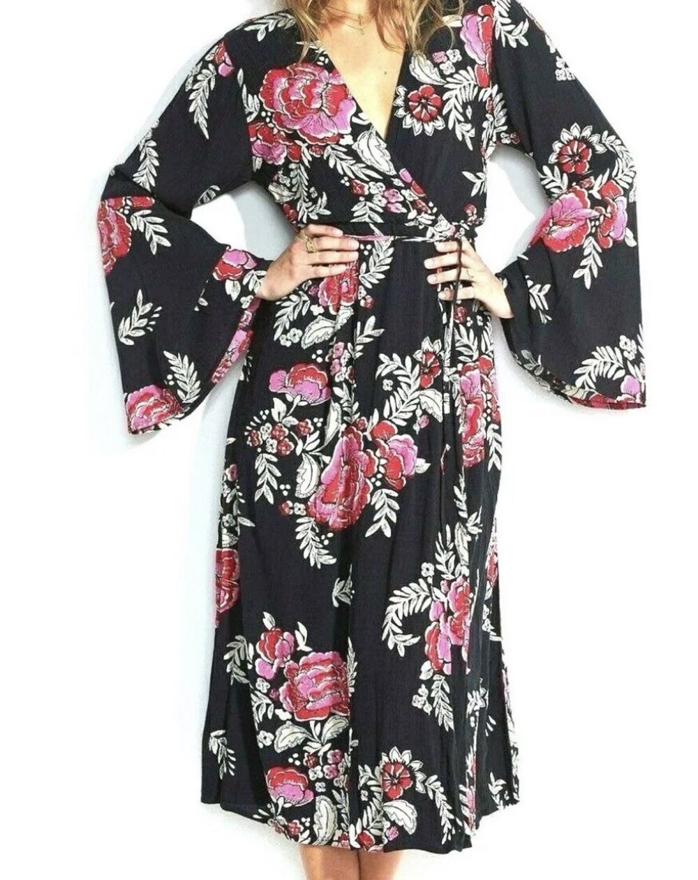 Billabong Women's Floral Whispers Wrap Dress Size Med Black Multi Bell Sleeves - Picture 1 of 12